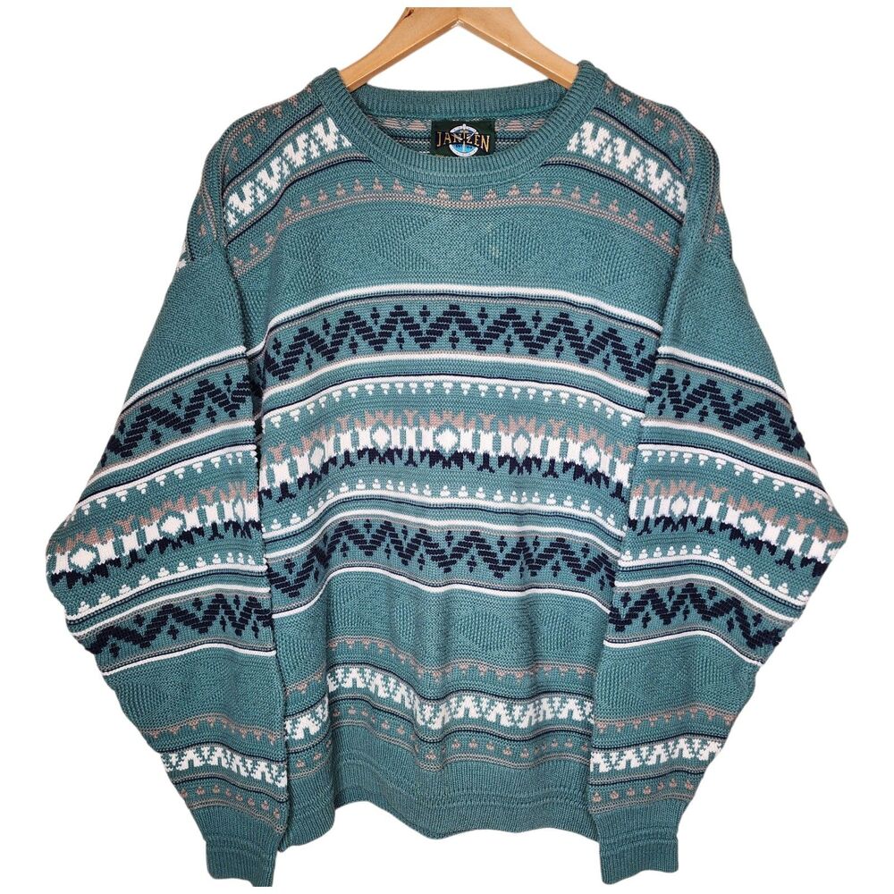 Vintage 90s Jantzen Sweater Mens Large Teal Green Geometric Southwestern USA